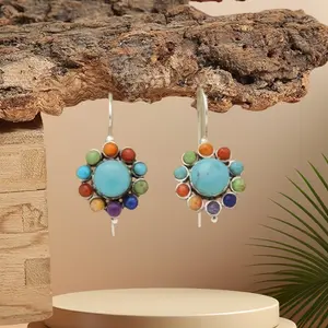 Retro Boho Vintage Flower Earrings - Colorful Turquoise Inlaid Silver Plated Delicate Dangle Earrings for Women