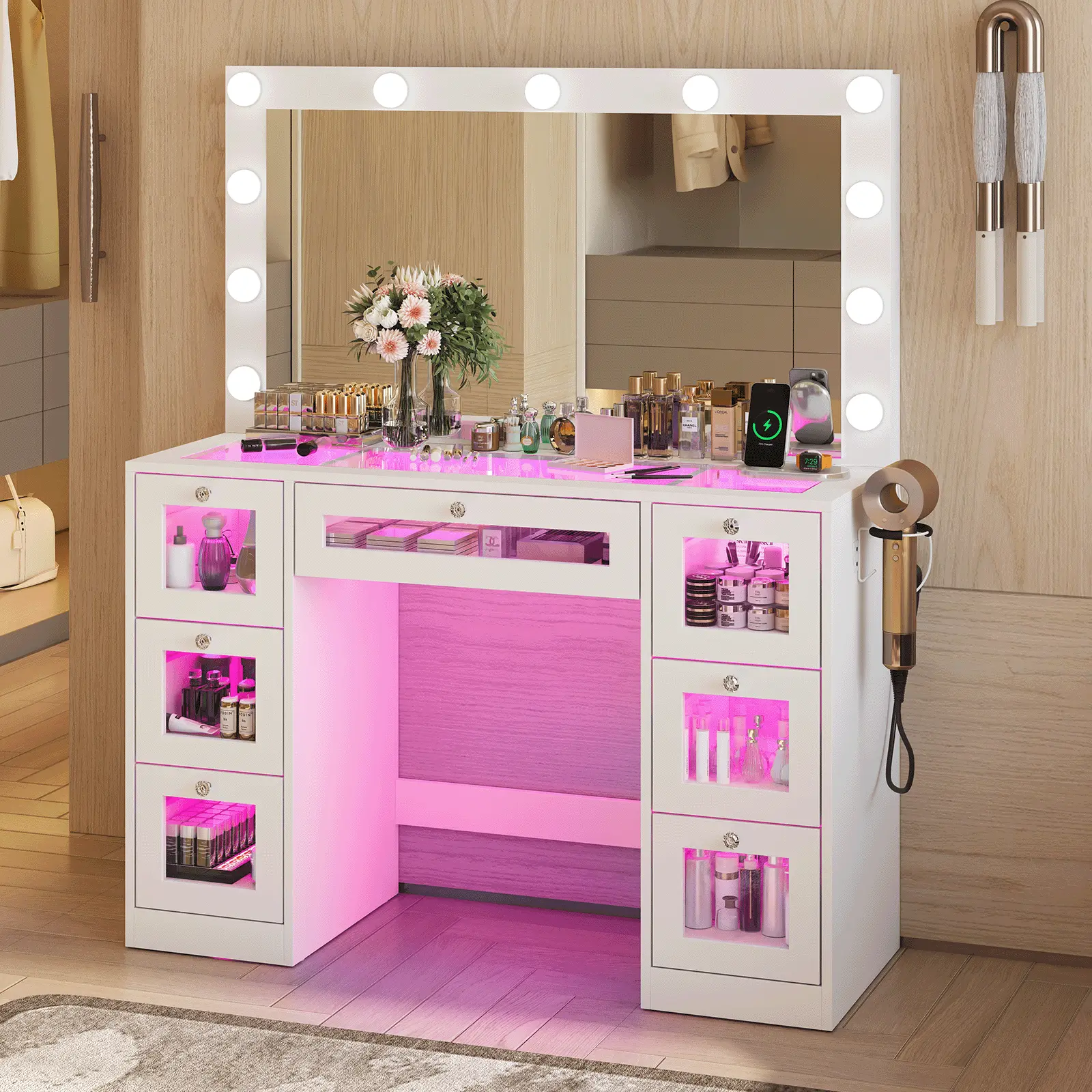 LED Vanity Desk with Mirror, Makeup Table with Power Outlet and 11 Lights, Vanity Table with 7 RGB Drawers and for Bedroom, Dressing Room, White