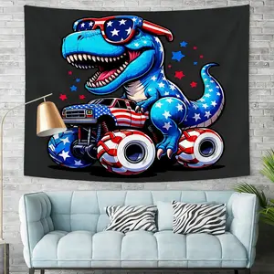 Patriotic Blue T-Rex Dinosaur Wall Tapestry, Vibrant Cartoon Style Digital Print Wall Hanging Tapestry, Festive Monster Truck Design with American Flag Elements, Perfect for Playful Home Decor in Bedroom, Living Room, or Kids' Space