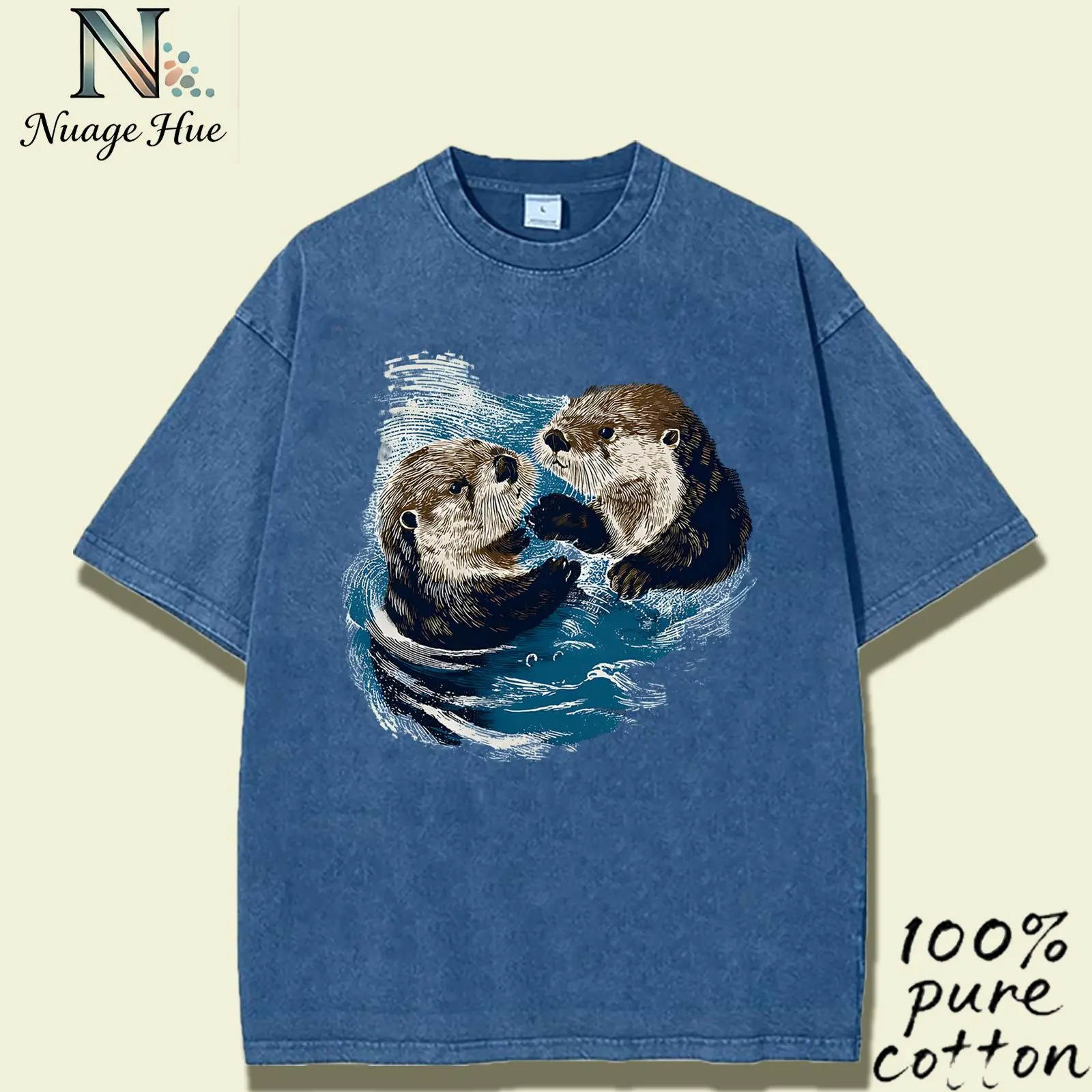 Vintage Washed Swimming Otter Couple Graphic T-Shirt, 100% Cotton Oversized Casual Tee, Cute Sea Otter Print, Cottagecore Ocean Aesthetic Streetwear for Animal Lovers Graphic T Shirt Deals Graphic T Shirts for Men Tiktok Shop Deals