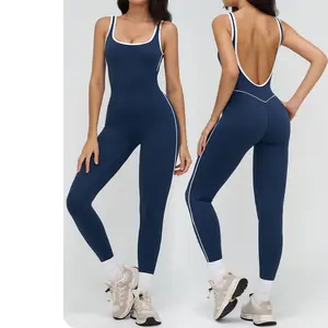 Nude-feel yoga jumpsuit with contrasting color trim, square neckline, fitness wear, running sports jumpsuit for women