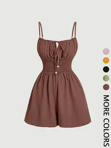 Women's Casual Sleeveless Romper with Front Tie and Elastic Waist, Stylish All-In-One Jumpsuit for Summer, Trendy Fashion for Ladies