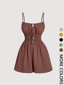 Women's Casual Sleeveless Fitted Solid Romper with Front Tie and Elastic Waist, Stylish All-In-One Jumpsuit for Summer, Trendy Fashion for Ladies