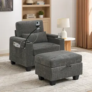Oversized Chaise Lounge Chair Indoor with storage ottoman, Single Convertible Recliner Reading Arm Sofa Chair W/Adjustable Backrest & Charging Port Couch Bed for Living Room, Home Theater & Bedroom -Gray