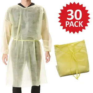 Disposable Polypropylene Gown Yellow 30-Pack Lightweight Breathable Waterproof for Cleaning Beauty Use Unisex Adjustable Tie Neck Everyday Wear