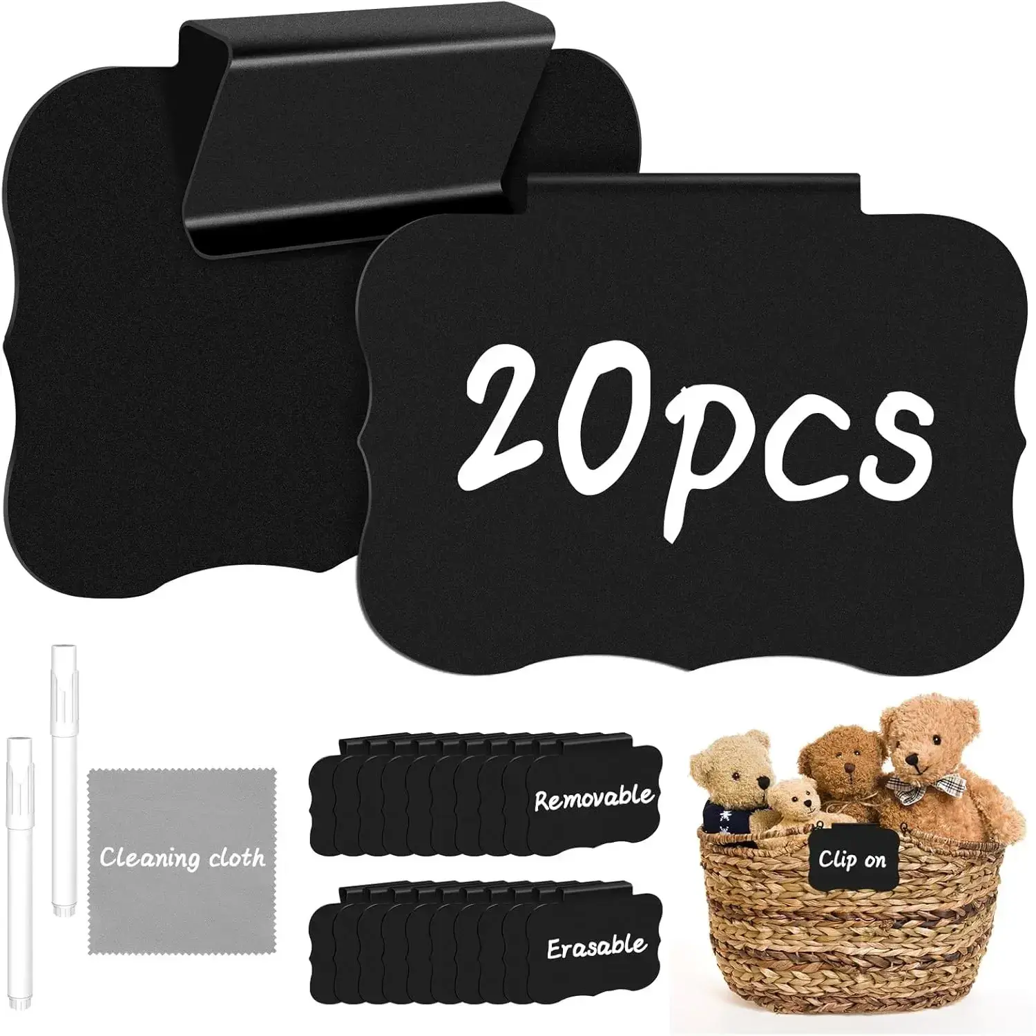 23PCS Basket Labels Clip On, 20 Removable Labels for Storage Bins, Kitchen Pantry Label, Plastic Storage Bin Label with 2 Chalk Markers & 1 Wipe, Label Holder, Basket Tags, Bin Clips (Black)