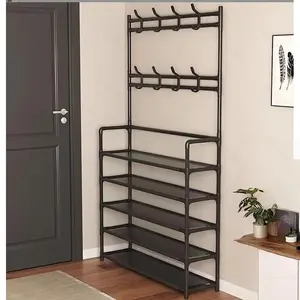 Five-Tier Independent Wardrobe Shoe Rack Combo, Metal Space-Saving Stand, with 8 Hooks and Dual-Sided Shelves