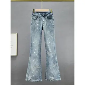 Fashion Embroidered Rhinestone High Waist Skinny Jeans 2024 Spring Autumn Elastic Slimming Women's Sequined Wide-Leg Pants
