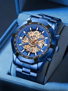 Men's Business Fashion Round Dial Analog Quartz Watch, Stainless Steel Wristwatch, Business Fashion Watches, Fashion Watch for Party, Daily Clothing Decor, Trendy All-match & Exquisite Watch for Birthday Gift with Box