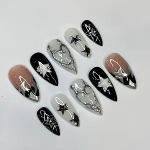 Silver Stars Press On Nails, Elegant Fake Nails, Chrome Nail Art