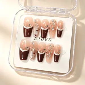 Handmade Nude Dark Red Ombre Press On Nails With Gold Glitter, Tiny Heart Prints & Crystal Rhinestone Chain Accents, Medium Coffin Reusable Fake Nails For Fall Daily Wear
