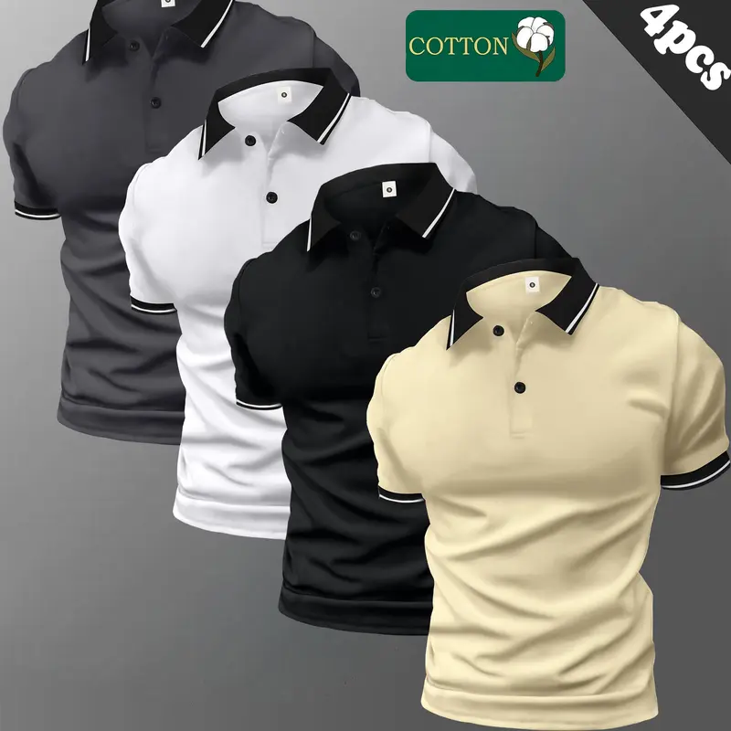 Men’s 4-Piece Cotton Button-Front Polo Shirts Set - Short-Sleeve, Buttoned Collar, Slightly Stretchy, Breathable, H-Type Menswear, Slim Fit, Fitted, Simple Solid Color Short Polo Shirts, Office Wear, Business Casual Summer Top, Ideal Gift for Husband