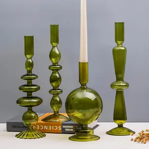 Modern Green Glass Candle Holders Mixed 4pcs for Table Centerpiece