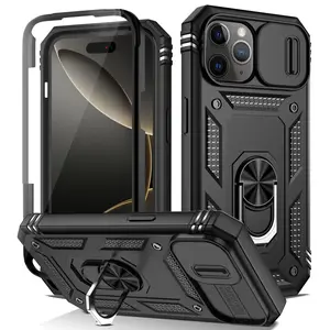 360° Rotatable Metal Ring Stand Phone Case with Slide Camera Cover, Shockproof Armor Protective Case for iPhone 17/16/15/14/13/12/11 Pro Max, 15/16 Plus, 13 Mini, XS Max, XR, X, XS, 8/7 Plus, SE 2020/2022