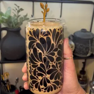 Black Talavera Glass Can - 16oz Decorative Floral Design Cup for Cold Drinks, Hand Wash Only, Not Dishwasher Safe - Drinkware, Mug, Bottles Coffee Pot