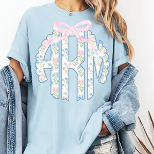 Spring Floral Monogram Comfort Color T-Shirt, Women Trendy tshirt,Women Personalized Monogram