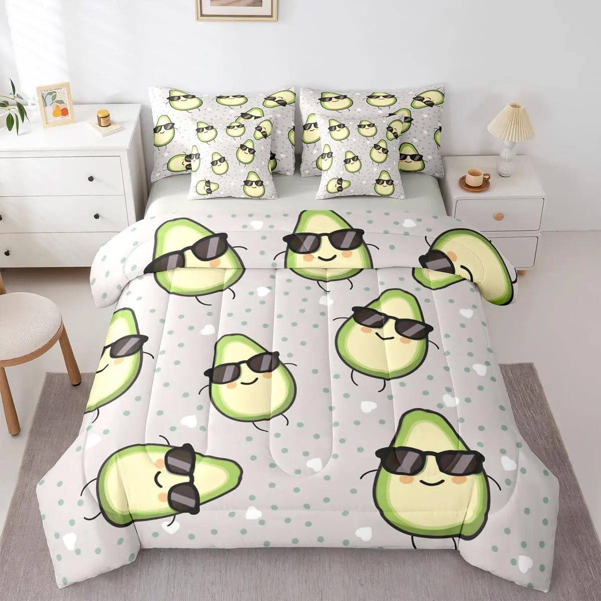Avocado 7 Piece Bedding Set,Kawaii Green Yellow Avocado Comforter Set for Kids Boys Girls Funny Cartoon Sheet Set,Fruits Food Dots Duvet Insert Room Decor