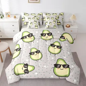 Avocado 7 Piece Bedding Set,Kawaii Green Yellow Avocado Comforter Set for Kids Boys Girls Funny Cartoon Sheet Set,Fruits Food Dots Duvet Insert Room Decor
