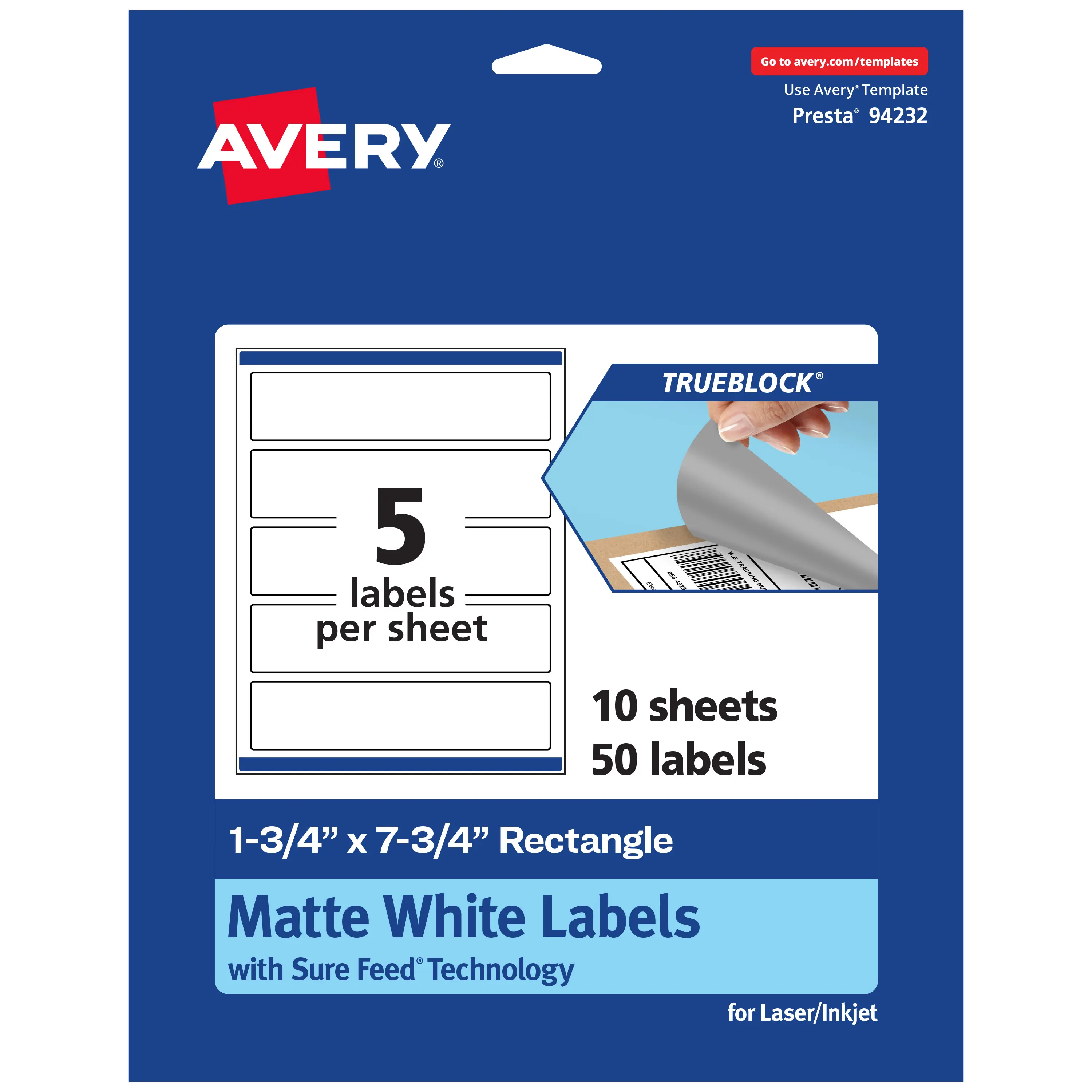 Avery TrueBlock Matte White Paper Labels,  1-3/4" x 7-3/4" Rectangle