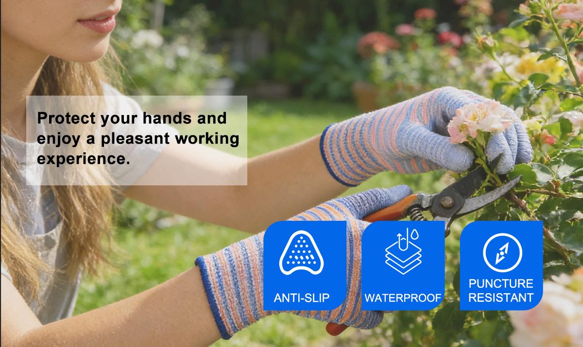 3Pairs Men's Blue PU Coated Work Gloves | Non-Slip Grip | Stretchy Striped Safety Gloves for Gardening & DIY Projects