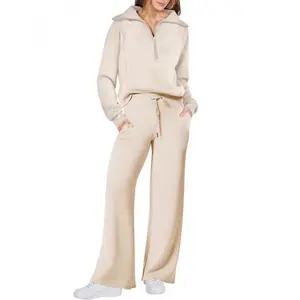 Women's 2 Piece Outfits Casual Lapel Half Zip Sweatshirts And Wide Leg Pants Tracksuit Sets