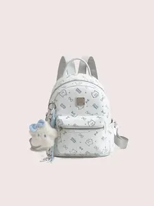 Cow&Kitty Light Blue Kawaii Mini Backpack for Girls, Cute Small PU Leather Kitty Print Backpack Purse with Plush Charm, Adjustable Straps and Top Handle, Aesthetic Lightweight Mini Bookbag for School, Travel, Shopping, Campus, Daily Use, Casual Outfits