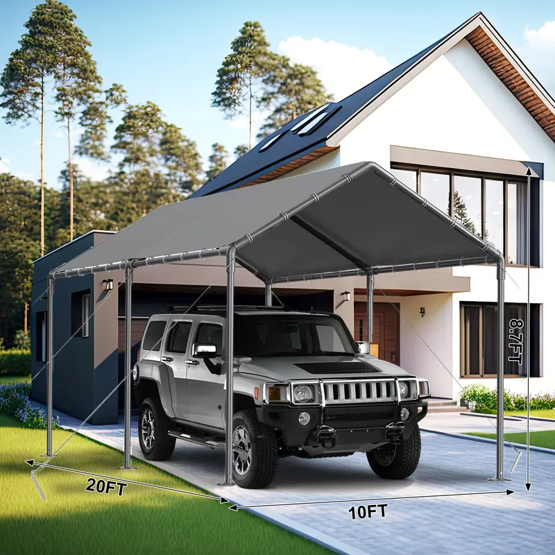 Grezone 10x20ft Heavy-Duty Iron Outdoor Carport - Sturdy Steel Poles, High Temperature Resistant Heat-Resist Tarp, All-Season Weatherproof Windready Portable Garage Canopy, Assembly Required SUV & Boat Shelter Storage Shed familyfun