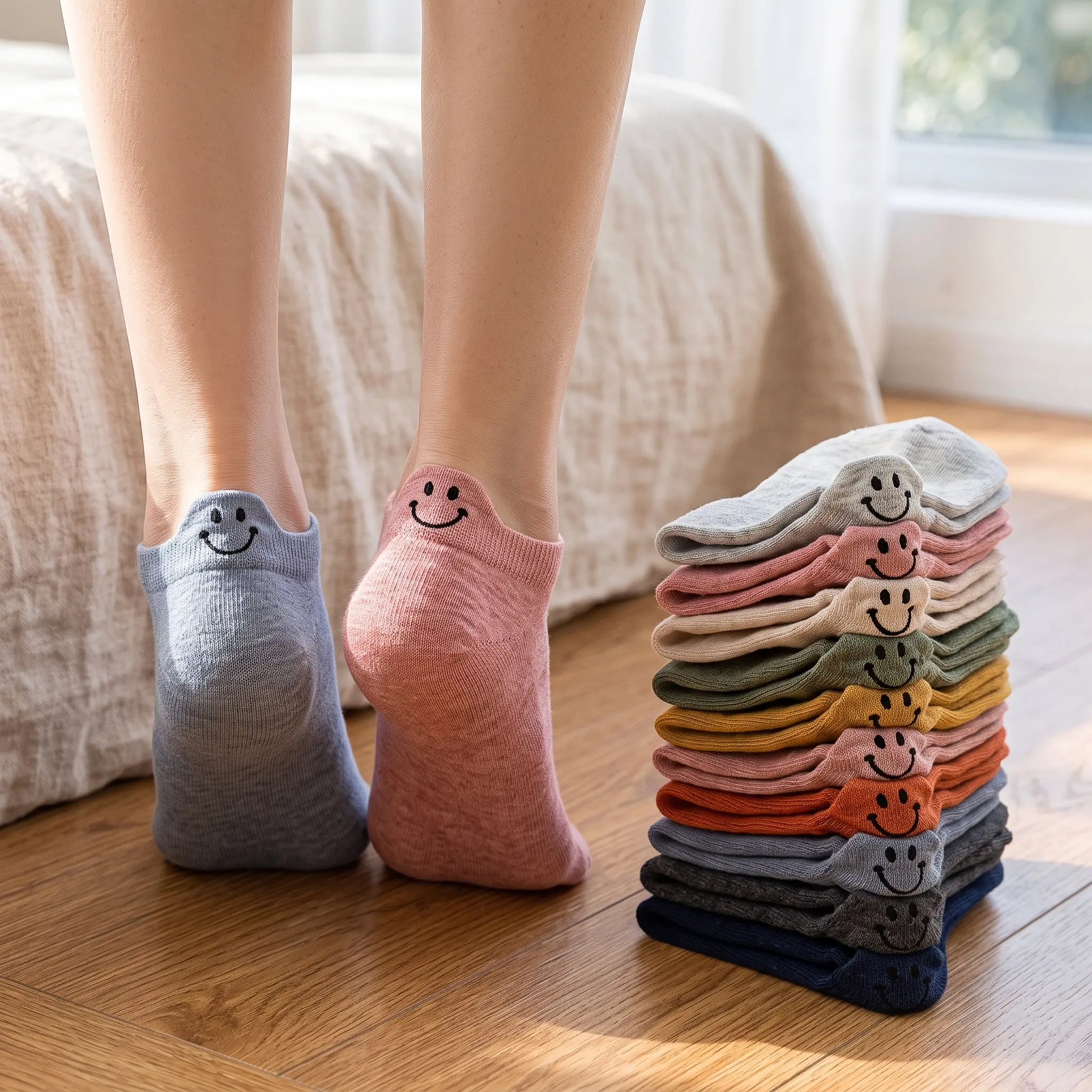 10 Pairs Low-Cut Ankle Boat Socks, Bright Fun Tones Funny Smiley Face Embroidered, Breathable Comfy Cotton Blend, Lightweight Anti-Slip Fit for Couples, Day Casual Wear