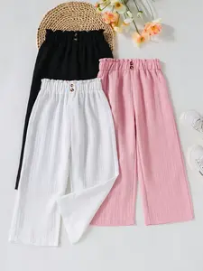 3-Pack Girls' Casual Comfortable Wide-Leg Elastic Waisted Pants, Perfect for Spring Summer Fashion, Ideal for Both Seasons, Trendy and Stylish