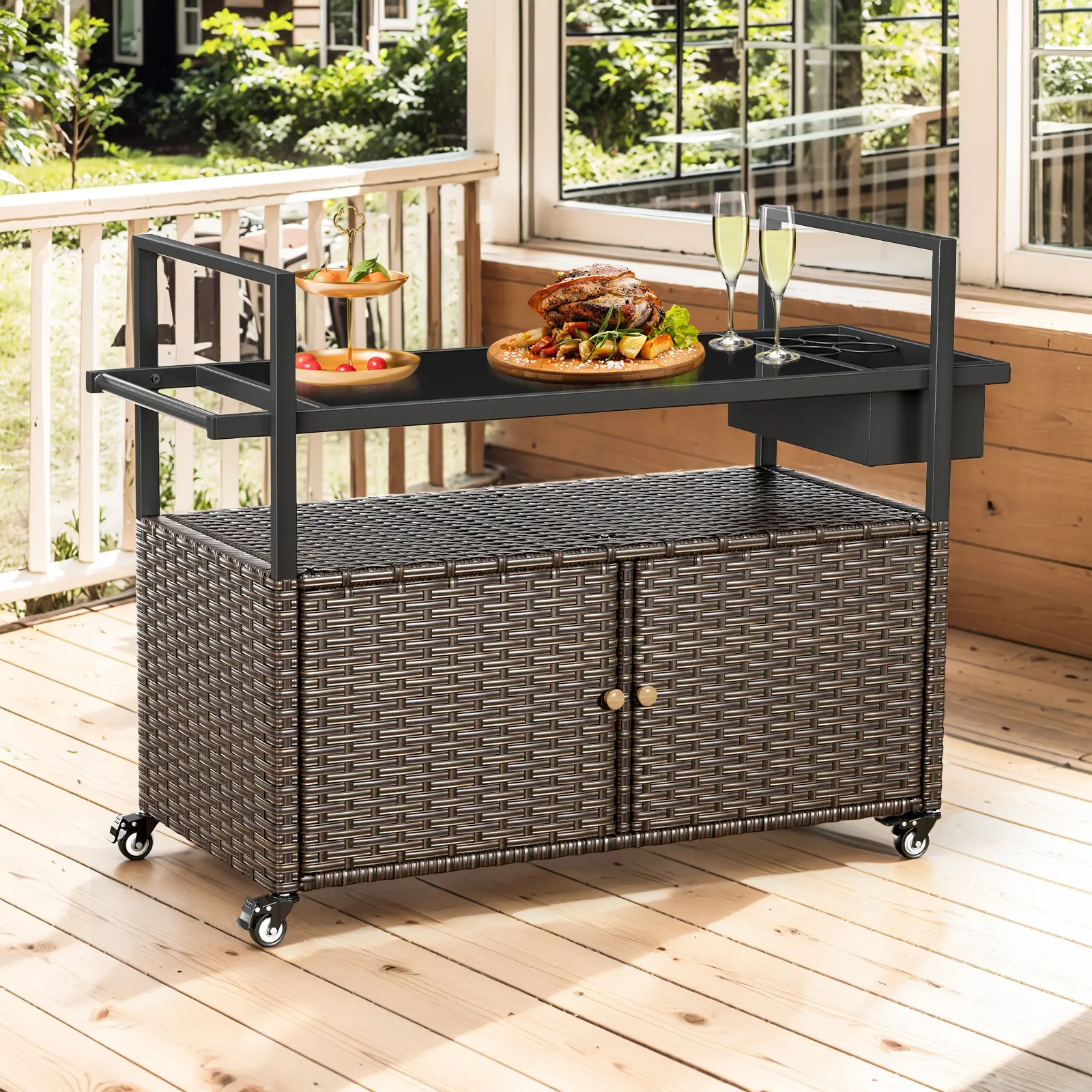 Wicker Outdoor Bar Cart with Storage Cabinet and Four Rolling Wheels Patio Bar Table, Outdoor Buffet Cabinet Movable with Removable Side Basket for Deck Poolside Backyard