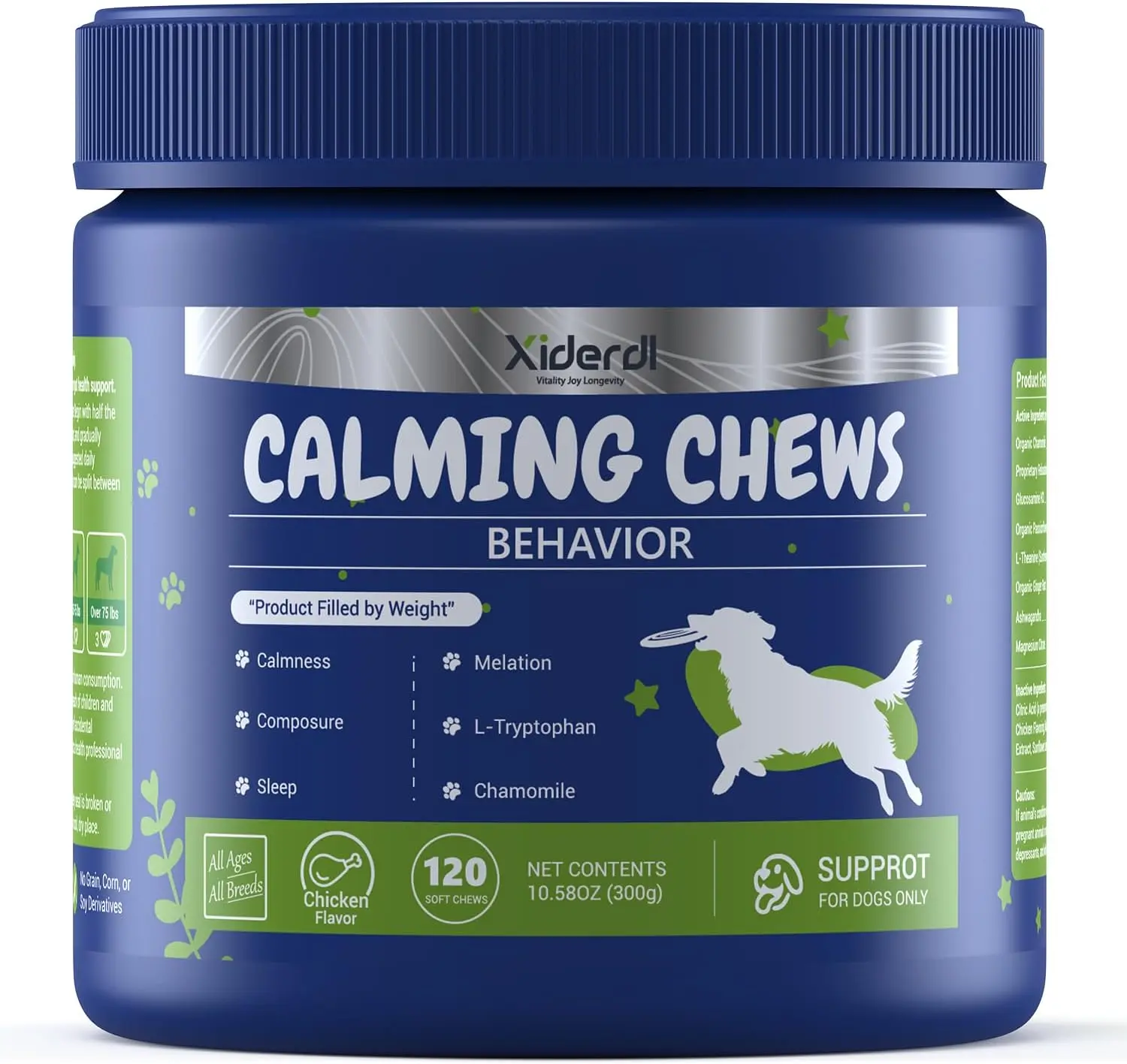 Canine Nutritional Supplement Chewable Tablets - Petlovers Chicken Flavor, 120 Count Dog Stress Relief with Chamomile, Valerian Root, L-Theanine Relax, Passionflower, Ashwagandha, Glucosamine, Magnesium Citrate, Organic Ginger for Travel Stress Help