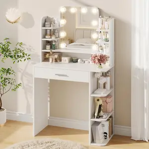 wanan Makeup Vanity Desk with Mirror and Lights, 31" W x 14" D x 54.4" H, Girls Vanity Set with 8 Storage Shelves, Big Drawer and 3 Lighting Colors, Women’s Vanity for Bedroom, Black