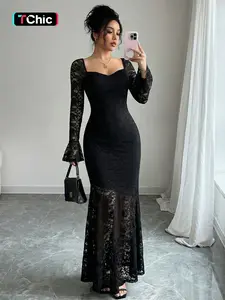 Elegant Women's Lace Sheer Square Neck Backless Bodycon Mermaid Long Dress, Party Evening Gown, Birthday Gift