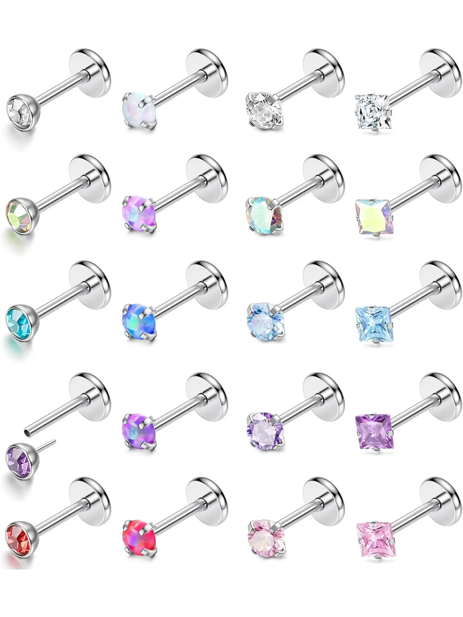 20 Pcs Colorful Dazzling Zirconia Opal Threadless Push in Nose Rings Studs, Gems Nose Ring, for Women Men Hypoallergenic Surgical Steel Skin-friendly Nostril Piercing Jewelry Safe Long-term Wear Flat Back