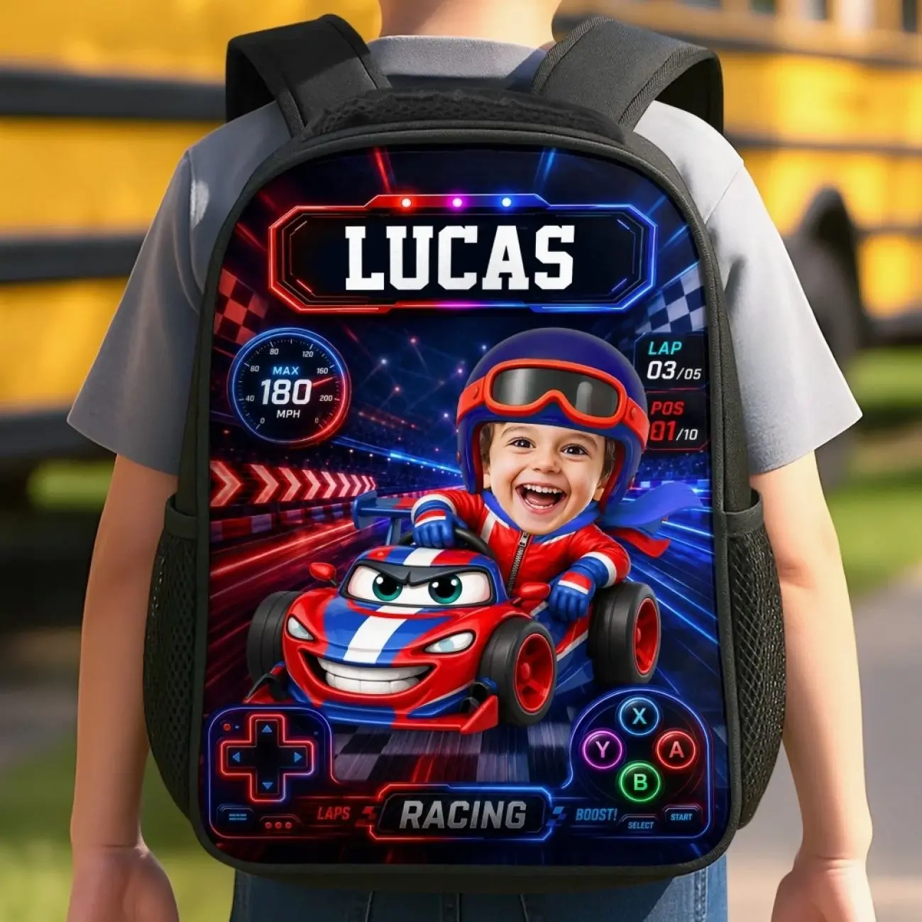 Custom Photo Kids Backpack & Water Bottle Set - Personalized Back To School Gifts For Kids - Fast Lane Ahead