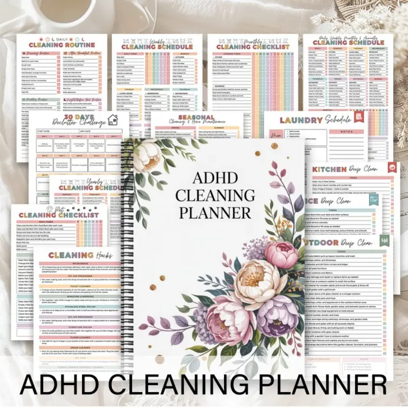 ADHD-friendly cleaning planner spiral notebook with floral design and color-coded weekly/monthly schedule - daily/weekly to-do lists, laundry and shopping trackers, home office organization tool for moms, productivity planner, Spiral bound planner