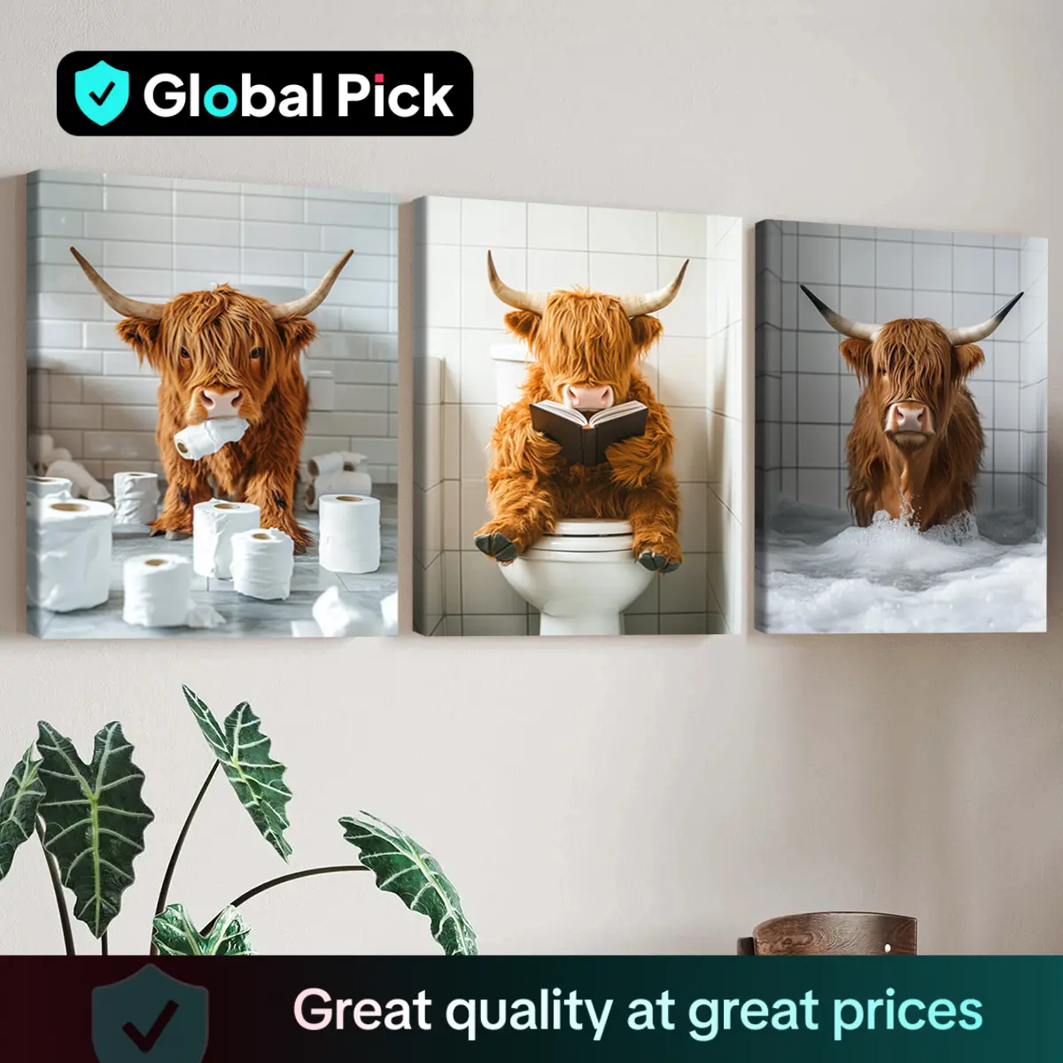 Highland Cow Pattern Canvas Framed Painting, 3 Counts Modern Wall Art Painting, Wall Art Decor for Home Interior Living Room Bedroom Office, Ornaments