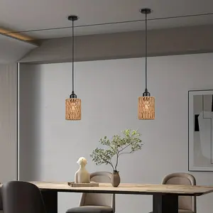 Modern Style Braided Rope Pendant Light, Iron Frame, E27 Bulb Compatible, Semi-Embedded Installation, Perfect for Living Room, Dining Room, Cafe