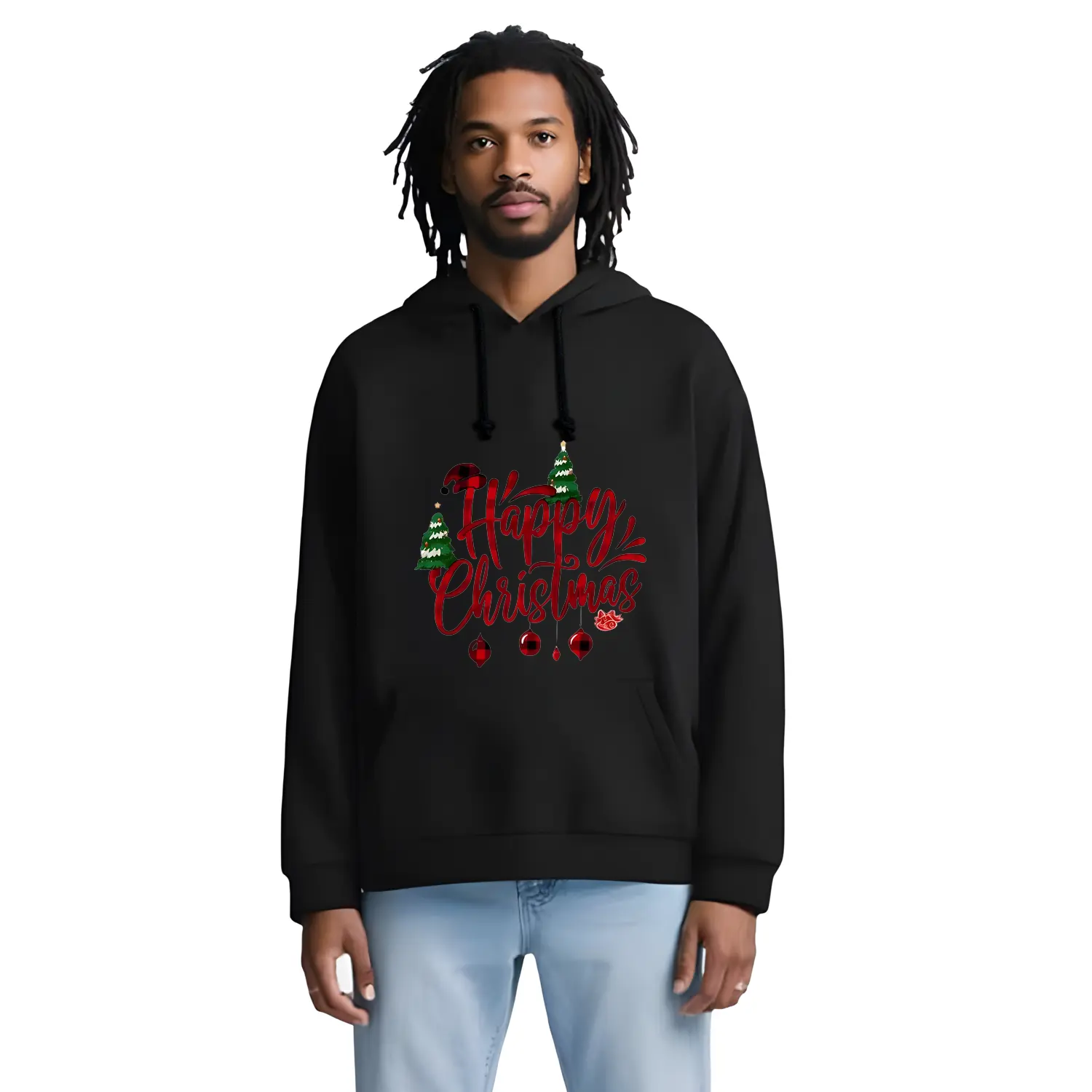 Men's Plaid Christmas Hoodie, Soft Pullover Sweatshirt with "Happy Christmas" Graphic, Cozy Casual Holiday Top, Menswear, Tops