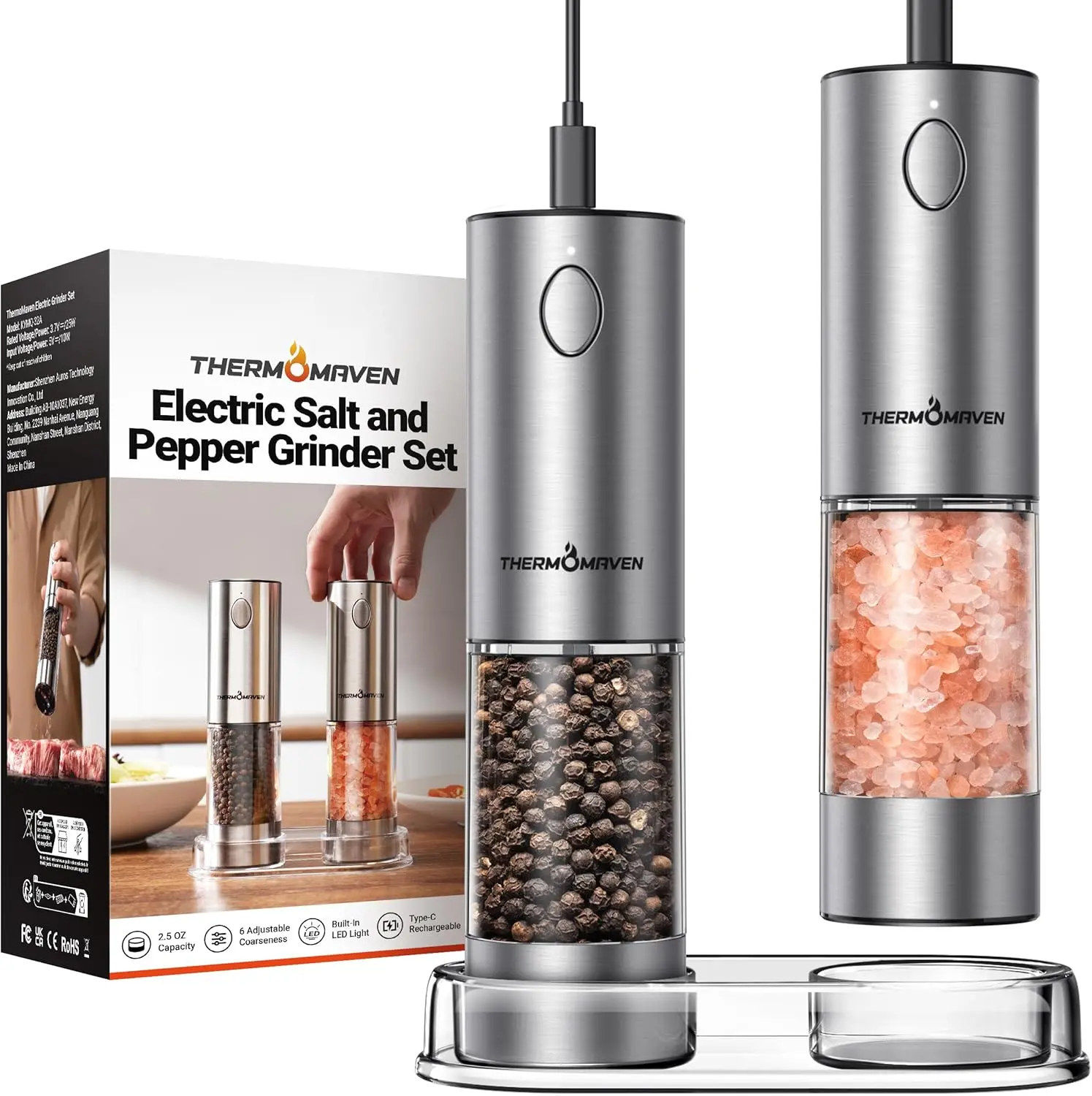 ThermoMaven Rechargeable Electric Salt and Pepper Grinder Set - 3.2oz Large Capacity Kitchenware Utensils with LED Light, 6 Adjustable Coarseness, Ideal for BBQ, Summer Kitchen Salt Pepper Shakers, Seasoning