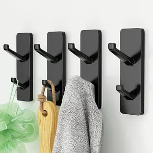Self-Adhesive Wall Hooks - 4 Pack, Black Metal Coat & Towel Hooks for Hanging: Hold 13 LB, Ideal for Bathrooms, Shower, Kitchen & Doors