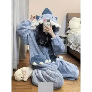 Cartoon Shark Hooded Jumpsuit for Carnival, Halloween and Music Festival Long Sleeve Zipper Fluff Pajamas Cosplay Homewear and Women Thicken Fleece-lined Warm Hooded One-Piece Dress up Costume Animal Costume Clothes Cute Fabric Nightwear