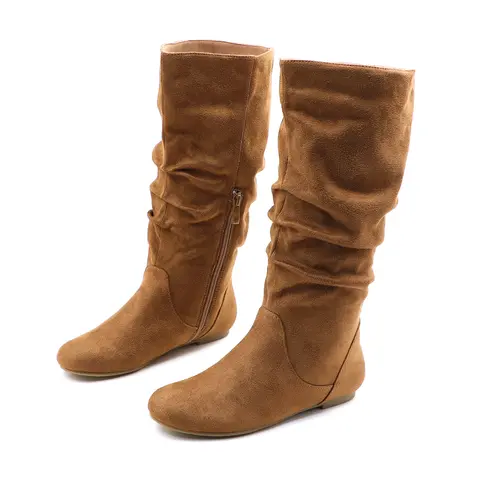 Women’s Wide Calf Slouchy Knee-High Cowboy Boots - Steady Chunky Low Cuban Heel, Almond Toe, Smooth Zip Entry, Handmade Fabric Footwear, (wc)Black Suede/Brown Suede, All Seasons Walking Shoes