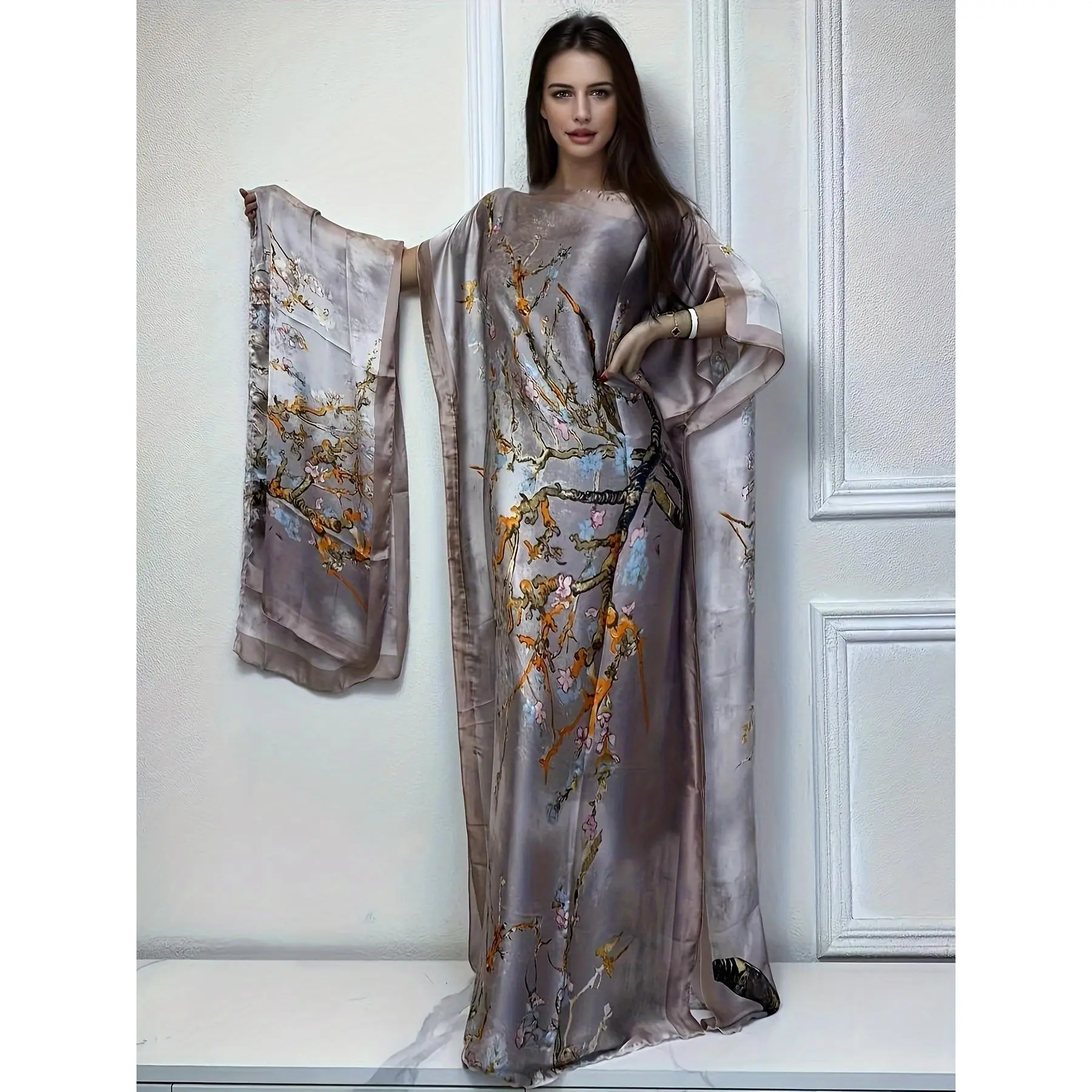 Tree Print Crew Neck Kaftan Dress, Elegant Batwing Sleeve Loose Fit Maxi Dress With A Hijab, Women's Clothing