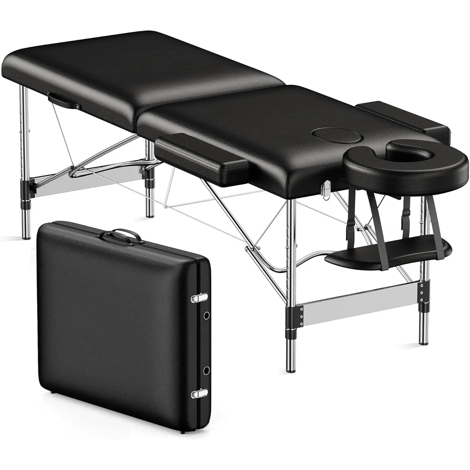 Massage Table Portable, 2-Fold Lash Bed with Side Pocket, Adjustable Height, Sturdy Aluminum Frame, Esthetician Spa Facial Tattoo Bed with Face Cradle & Carrying Bag, Black