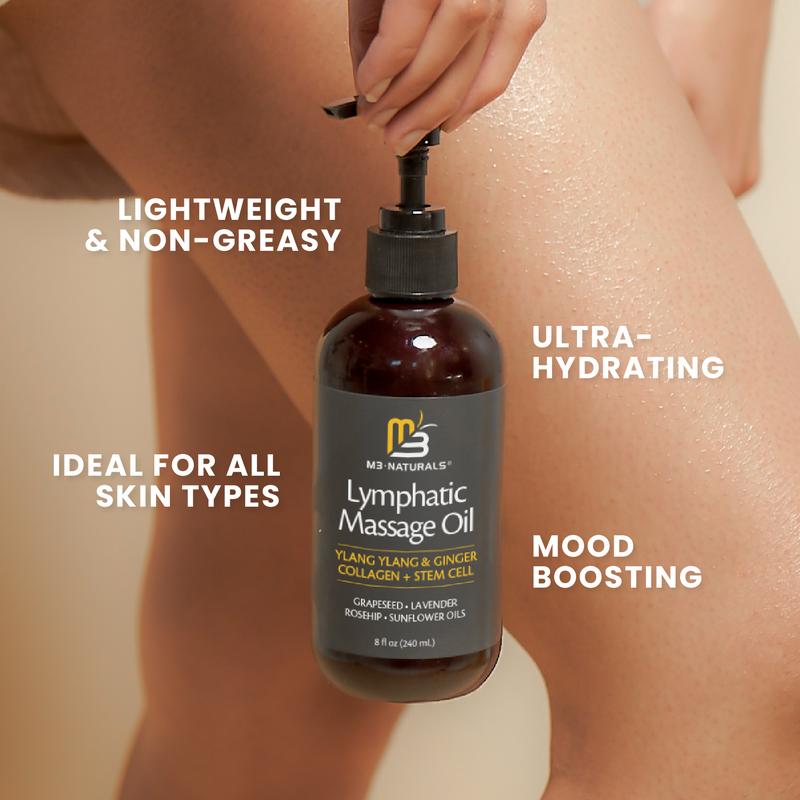 Lymphatic Drainage Massage Oil + Body Roller Kit, with Ylang Ylang, Ginger, Collagen & Stem Cells for Circulation, Detox, Cellulite Removal, Sore Muscle Relief & Skin Firming, 8oz by M3 Naturals