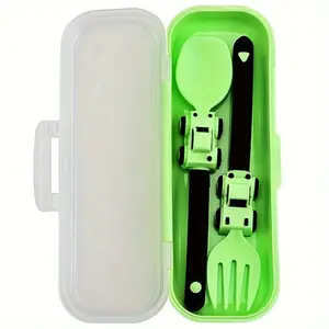 Cartoon Construction Vehicle Themed 1-Piece Fork and Spoon Cutlery Set with Portable Storage Case - Durable PP Plastic, Modern Design, Suitable for Christmas, Halloween Holiday Home & Party Supplies,summervibes