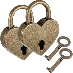 2 Pcs Mini Antique Padlock, Heart Shaped Padlock with Key Vintage Bronze Metal Lock for Jewelry Box Diary Book Handbag Storage Box Suitcase Decorative Lock