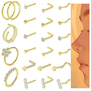 23pcs Body Piercing Accessories Stainless Steel Hypoallergenic Nose Stud Jewelry Nose Stud Set Nose Ring Stud Face Piercing Jewelry Personality Punk Style