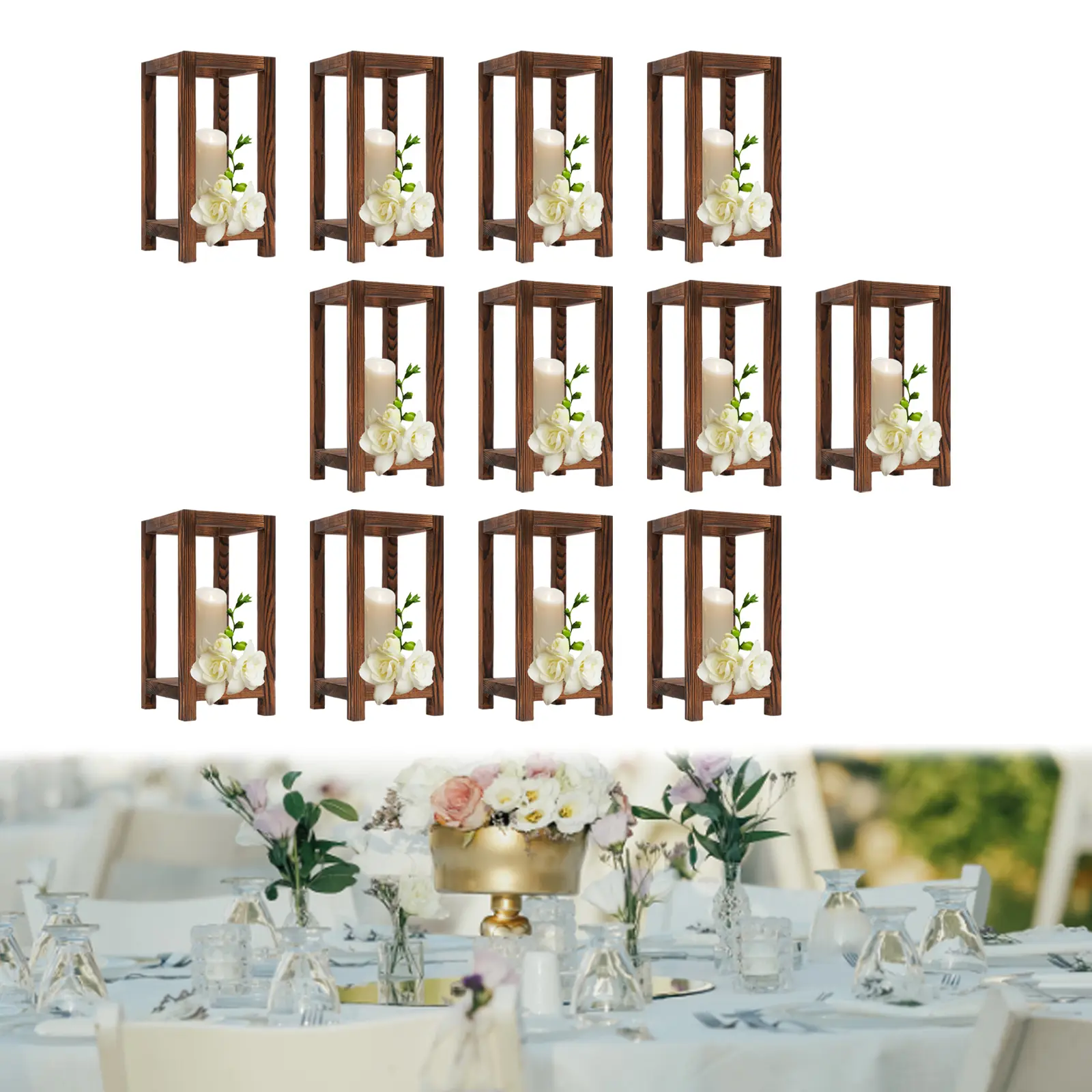 CNCEST 12-Piece Wooden Wedding Lantern Centerpiece Rustic Table Decoration Farmhouse Candle Holders for Elegant Table Settings Brown Cuboid Shape 110.23 lbs Load Capacity